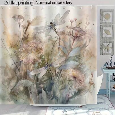 1件水彩蜻蜓浴帘，顶部有安装孔，可机洗面料，四季皆宜的浴室装饰，浴缸装饰，浴室配件，现代艺术家居装饰