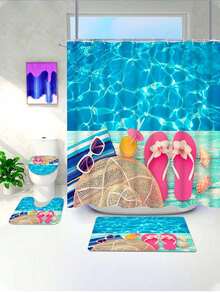 1/4 Stücke Blauer Traumhafter Ozean bedruckter wasserdichter Duschvorhang, Badezimmer Dekor Set mit Ozean Elementen, inklusive Badematte, U-förmige Toilettenmatte, dekorative Haken, moderne Badezimmer Accessoires für Zuhause, waschbarer Polyesterstoff, geeignet für Hotel, Apartment, Zuhause - Mehrfarbig - Übersicht 15