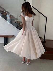 Vestido de novia de princesa de gasa plisada con cremallera de unicolor elegante para fiesta - albaricoque claro - View 3