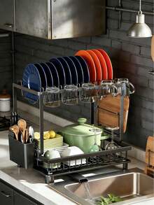 Large-Capacity Double-Layer Kitchen Storage Rack - Metal Dish And Utensil Rack With Drainage Function, Suitable For Bowls, Cups, Cutting Boards - Black - View 2