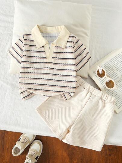 Toddler Boys' Collared Knit Short Sleeve T-Shirt, Fashionable Casual Polo Shirt Set, Lightweight For Summer