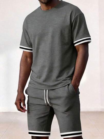 Driftmere 1 Set Men's T-Shirt And Shorts 2 Pieces Outfit, Loose Casual Sports Style, European And American Fashion, Spring/Summer