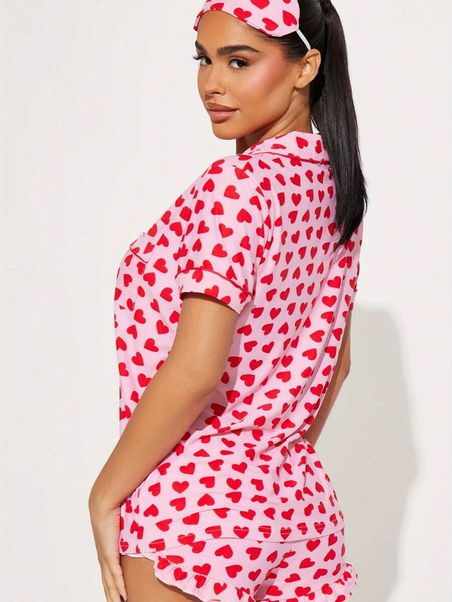 Conjunto de pijama para mujer con estampado de corazones, manga corta, pantalones cortos y solapa, para el día de San Valentín, cómodo e informal. - Rojo - Ver 1