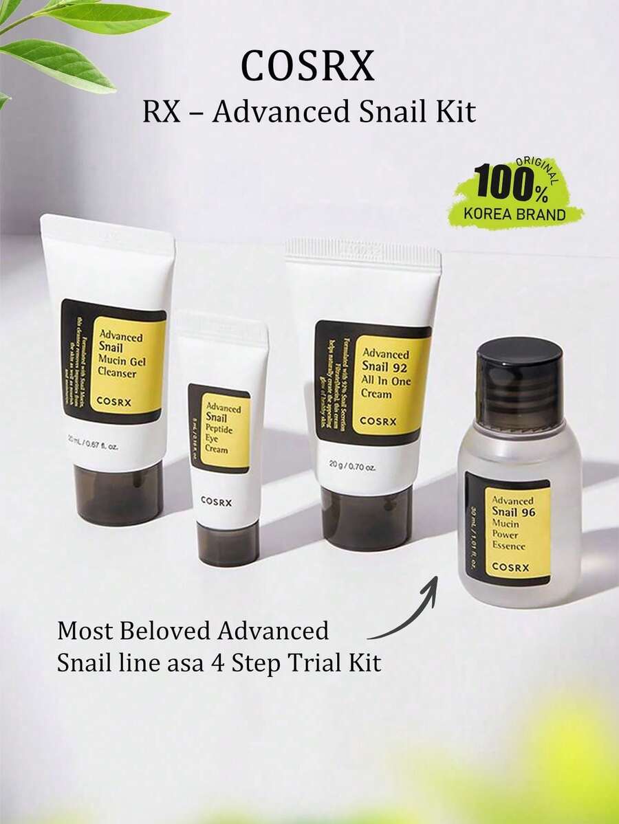 COSRX 韓國蝸牛黏液保養套組，旅行尺寸禮盒包含臉部凝膠潔膚液 (0.67 Fl Oz)、精華液 (1.01 Fl Oz)、臉部乳霜 (0.70 Oz) 與眼霜 (0.16 Fl Oz)，修復、恢復、更新