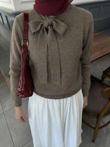 DAZY New Arrival Solid Color Casual Bowknot Knot Decor Women Sweater, Autumn,Fall Women Clothes - Brown - View 3