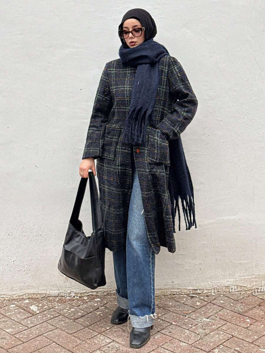 Livesso 格子翻领纽扣前襟女式外套，秋季女装 - 彩色 - 查看 1