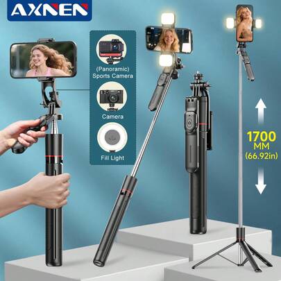 AXNEN 170厘米自拍杆旅行三脚架，平衡稳定，360°旋转拍摄自拍杆三脚架，带无线遥控快门、可拆卸手机支架，多功能可伸缩手机三脚架，兼容所有手机，适用于手机自拍、视频录制、Vlog、直播等。