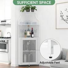 clóset de Esquina para licores con estantes Ajustables, clóset de Barra Industrial de 61 Pulgadas, no Empotrado con Puerta de Malla y Soporte de Vidrio para Cocina, Color café rústico - Blanco - Ver 3