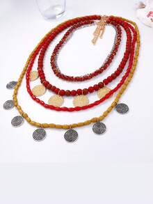 ZAA Multi-Layer Bead Alloy Geometric Pendant Necklace, Cross-Border Retro Round Pendant Necklace, Bohemian Style Necklace, Casual Simple And Luxurious Versatile Women's Necklace, Women's Style - Multicolor - View 4