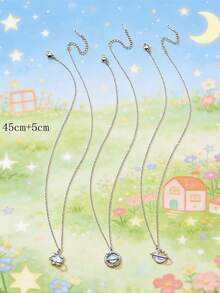 3 Piezas Collar De Metal Plateado Incrustado Con Diseño De Diamantes De Imitación Con Colgante De Estrella, Luna, Sol Para Parejas O Amigos Como Regalo - Plateado - Ver 11