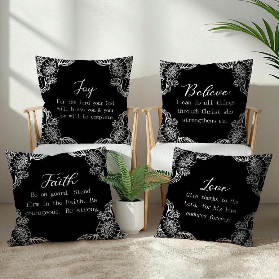 4pcs Minimalist Floral Border Black & White Bible Verse Printed Cushion Cover, Single-Sided Soft Peach Velvet Fabric, 45*45CM Pillow Case Suitable For Home Bedroom Living Room Party Holiday Decor, Sofa Decorative Throw Pillow Cover Gift, No Pillow Insert - Multicolor - View 1