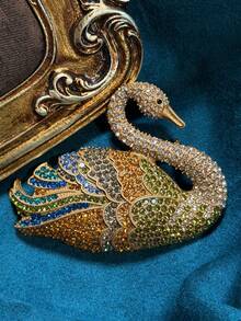 Vintage Distressed Copper Plated 18K Gold Holiday Women's Accessory, Colorful Feather Swan Rhinestone Glass Brooch Pin, Scarf Clip - Bronze - View 5