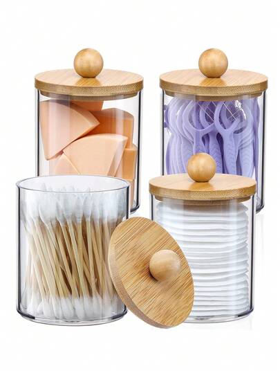 4 Packs, 10oz Dental Floss And Swab Organizers With Lids,Clear Bathroom Organizers, Suitable For Swabs, Bath Salts, Etc., Can Also Be Used As Vanity Organizers.
