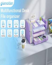Gianotter Desk Organizers And Accessories With File Holder, 4-Tier Desk Accessories &Amp; Workspace Organizers With Drawer And 2 Pen Holder, Paper Organizer For Office Supplies (Purple) - ColorG - 查看 4