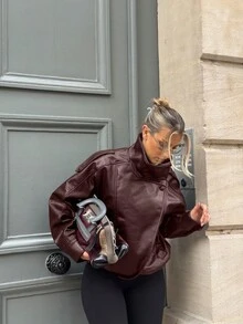 Women's Casual Solid Color Front Button Pocket Jacket, Pocket Detail Lightweight Coat, Suitable For Autumn/Winter Spring - Burgundy - View 6