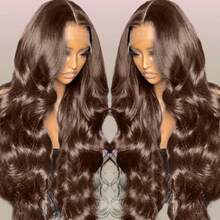 200% 高密度 13x6 13x4 5x5 高清透明蕾丝前假发，原生人发混纺，自然波浪卷，8-34 英寸 - 预先拔毛，无胶假发，带婴儿发，巧克力棕色，无需胶水，即戴即用 - 棕色 - 查看 3