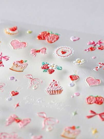 Beautizon Nailartlab Sweet Strawberry Mousse Nail Stickers 3D Embossed Bow & Cake Designs Adhesive Decals For DIY Manicure