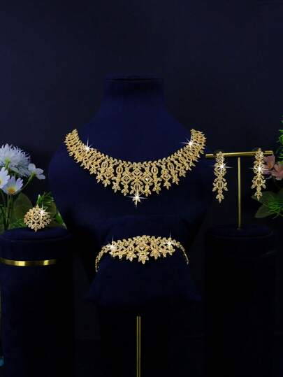 5pcs 18K Gold Plated Luxury Royal Style Geometric Tassel Design Bridal Wedding Jewelry Set, Handset White Cubic Zirconia, Including Necklace, Bracelet, Earrings, Ring, Suitable For Daily Wear And Wedding, Wedding Anniversary Gift (Comes In Gold Gift Box)