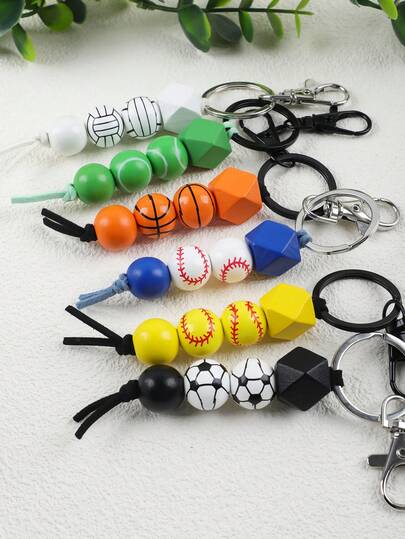 1pc Sports-Themed Beaded Keychain, Colorful Wooden Ball Pendant, Basketball/Football/Baseball Key Chain, Bag/Car Accessory, Gift For Friends And Family