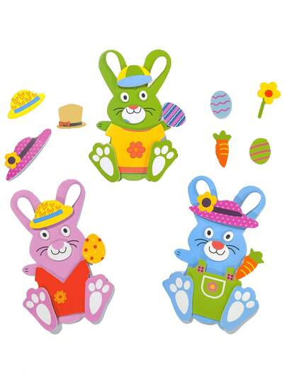 5件套复活节兔子贴纸装饰，DIY创意兔子，自粘装扮兔子工艺贴纸，可爱3D超大兔子贴纸吊坠，复活节兔子贴纸派对装饰工艺品