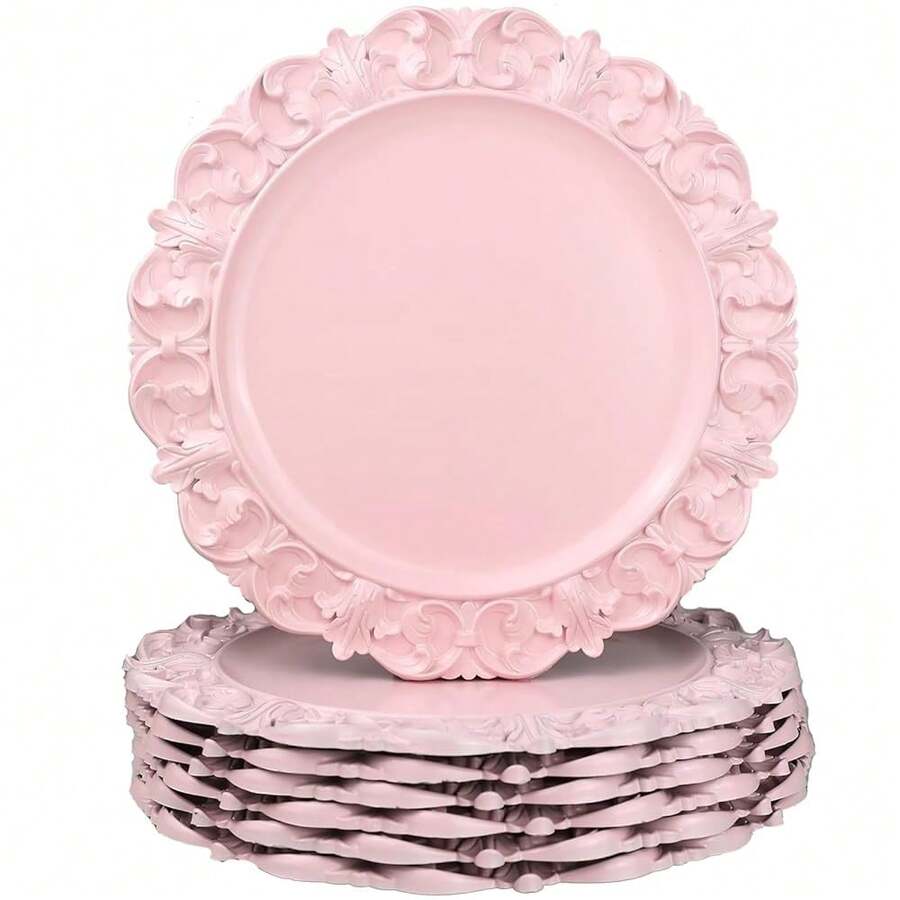 13\ Pink Charger Plates, Set Of 6 Plastic Textured Chargers For Dinner Plates With Embossed Rim, Table Décor, Party, Wedding, Holiday - FD08P - View 1
