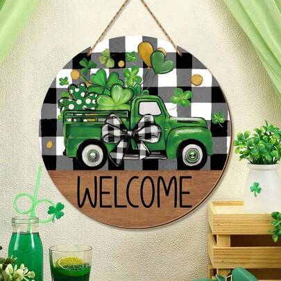 1件圣帕特里克节欢迎牌木质标牌爱尔兰风格前门装饰圣帕特里克节木质悬挂门牌户外三叶草木质前门装饰农舍门廊装饰