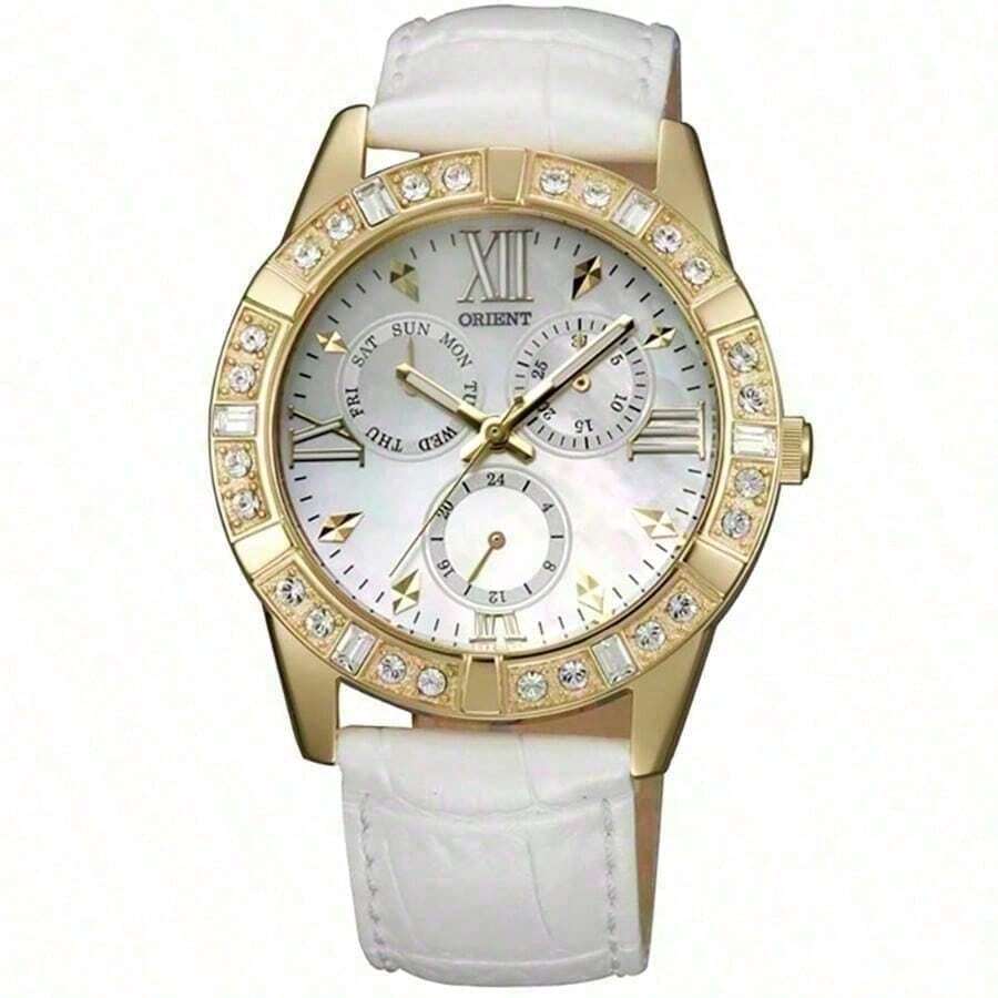 Orient 女士商务休闲腕表：经典简约圆形设计，纤薄不锈钢表带，兼具时尚优雅的专业通勤腕表。FUT0B006W0 - 白色 - 查看 1