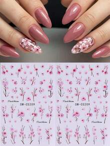 2pcs 3D Floral Nail Stickers, Pink Sakura Flower Pattern Self-Adhesive Nail Art Decorations Nails - Pink - View 2