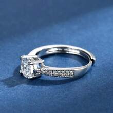 1pc Stainless Steel 1 Carat Four-Claw Ring, Korean Style Open Ring, Fashionable & Personalized Women's Engagement Gift - Silver - View 3