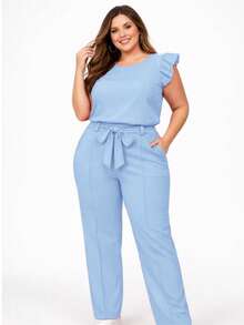 Elegant Plus Size Social Set In Dune Crepe, Casual Style With Drawstring Pockets, For Office Or Home. - Baby Blue - View 2