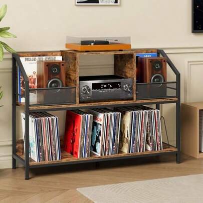 Dasijhdasd262a 43" Vinyl Record Storage Holder Large Record Player Table Holds Up To 400 Albums Vinyl Record Player Display Stand Removable Dividers For CD Audio Equipment Storage Rustic Brown TCW77BF