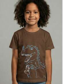 Camiseta Infantil Barata Dinossauro Confortável Algodão - Marrom - Visão 2