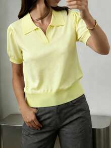 GIGOGOU Nuevo conjunto de verano para mujer con polo, camiseta de manga corta y top casual para señoras - Amarillo - Ver 2