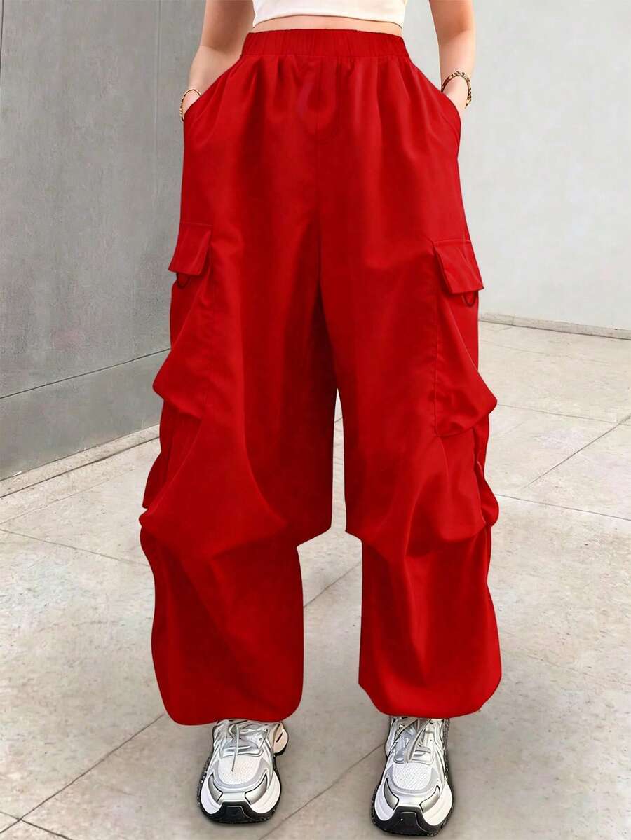 1pc Teen Girl Loose Flap Pocket Side Drawstring Outdoor Solid Color Cargo Pants, Spring/Summer/Autumn/Winter - Red - View 1