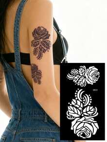 Plantilla de tatuaje hueco hecho a mano Hana - Patrón de flor de rosa para arte de uñas - Diseño floral sexy, adecuado para manos, pintura DIY, tinta, pegatinas de plantilla de mandala reutilizables, apto para maquillaje de fiesta corporal de mujeres - Negro - Ver 6