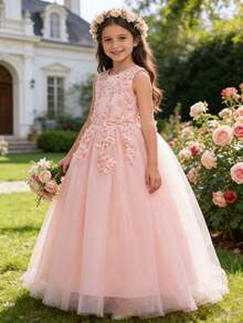 Tween Girl Spets Bröllopsfest Prinsessa Festklänning Aftonklänning - Rosa - Visa 4