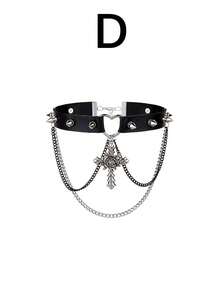 1/4 Pcs Gothic Punk Black Cross Necklace For Women, Handmade PU Leather Chain Choker With Spikes, Heart Leash Collar Adjustable Cross Pendant Jewelry - Black - View 10
