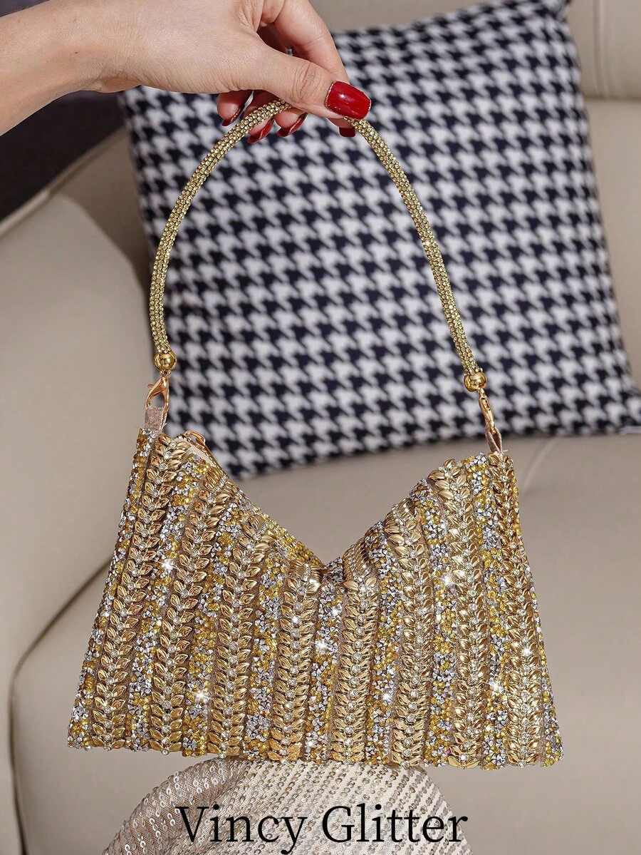 New Rhinestone Decorated Evening Clutch Bag, Elegant Handbag For Party, Wedding, Formal Events, European And American Style, Sophisticated Formal Dress Bag, Fashion Purse - Gold - View 1