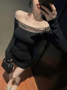 性感蕾丝拼接长袖T恤，法式时尚露肩修身短款上衣 - 黑色 - 查看 5