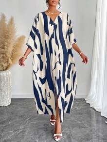 Elegant Fabric Arabian Dress Half Sleeve Batwing Design Notched Neck Split Detail Long Flowy Style - Apricot Blue - View 6