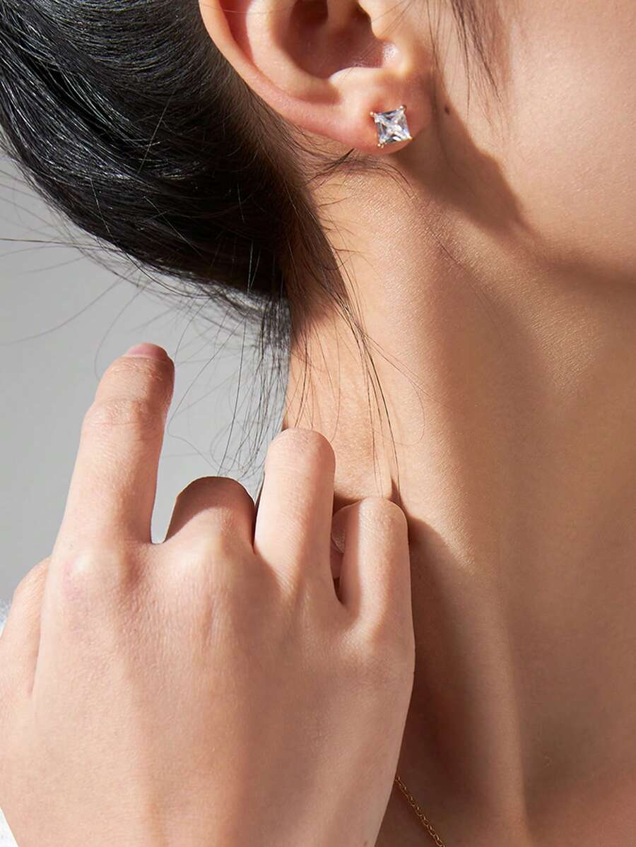 2pcs Girl's Square Cubic Zirconia Stud Earrings, Basic Daily Accessory - Gold - View 1