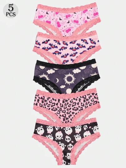  Dircho 5条装女士Y2K哥特风蕾丝边内裤，可爱卡通星空印花中腰三角裤，弹力透气日常内衣套装，适合青少年和年轻成人，图案包括蝙蝠、星星、豹纹和骷髅，暗黑风格多件装