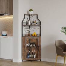 clóset de Esquina para licores con estantes Ajustables, clóset de Barra Industrial de 61 Pulgadas, no Empotrado con Puerta de Malla y Soporte de Vidrio para Cocina, Color café rústico - Marrón - con luces - Ver 5