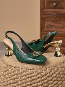 WHDXY 7cm Asymmetric Heel Green Crocodile Pattern Open-Back High Heels, Square Toe With Bow & Metal Buckle Decor, Elegant Dress Shoes Suitable For Commuting, Work, Dates And Parties - Green - View 4