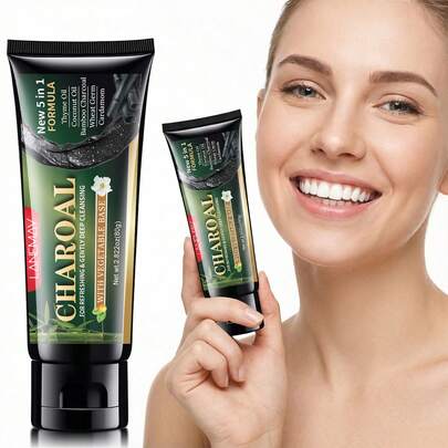 五效合一活性炭牙膏，80克。蕴含天然活性炭分子，能深层吸附顽固污渍，如烟渍和咖啡渍。温和物理美白，不损伤牙釉质，舒缓牙龈，清新口气。适合敏感牙齿。