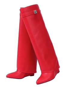 Women's Fold Over Shark Boots Pointy Pull-On Wide Calf Boots Shark Padlock Nightclub Elegant Luxury Fashion WInter Fall Shoes - 紅色 - 查看 8