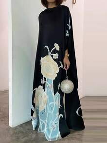 Elegant Women's Satin Long Dress With Floral Print And Sequin Decor, Round Neck Design, Arabic Style Spring Black - Black - View 5