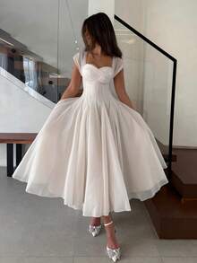 Vestido de novia de princesa de gasa plisada con cremallera de unicolor elegante para fiesta - albaricoque claro - View 1
