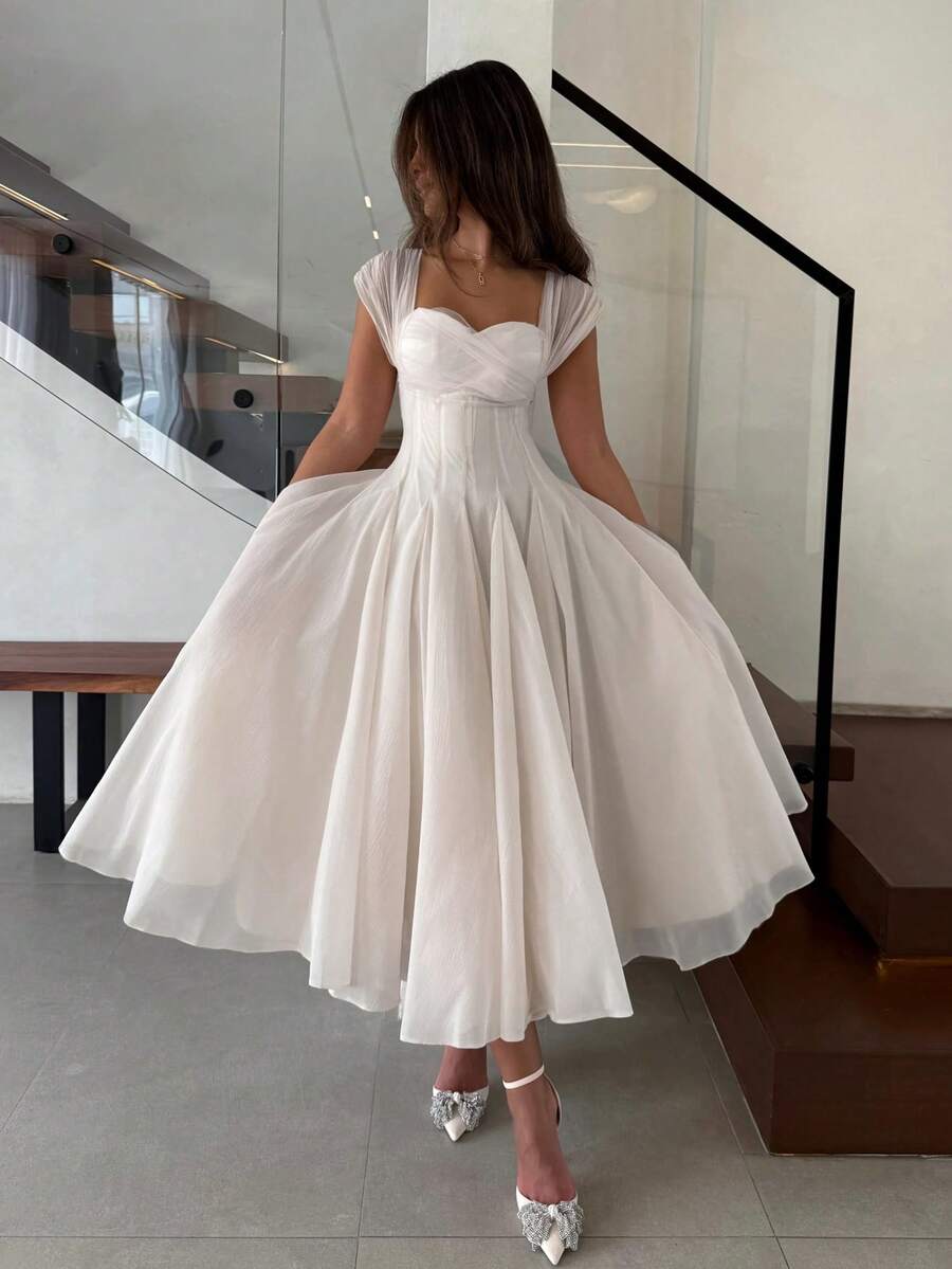 Vestido de novia de princesa de gasa plisada con cremallera de unicolor elegante para fiesta - albaricoque claro - View 1
