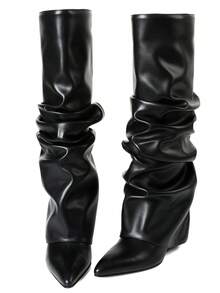 Shark Black Boots Women's Knee High Boots Solid Color Pointed Toe Fold Over Boots Slouchy Wedges High Heels Shoes Wide Calf Easter Festival Fashionable Outdoor Party Boots Motorcycle Shoes - 黑色 - 查看 10